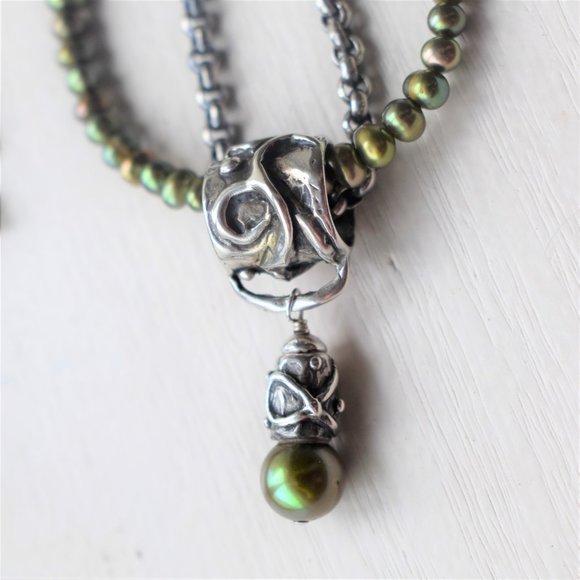 Boho Sage Pearl Necklace 2 Strand Sterling Silver - Picture 6 of 8